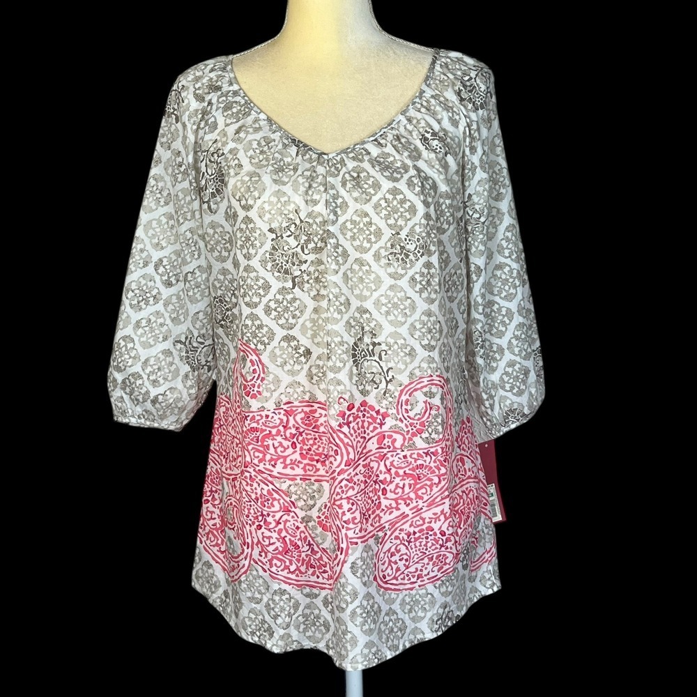 MERONA Women's Blouse 3/4 Sleeve Size Medium 100% Cotton Tunic Gray Pink Casual
